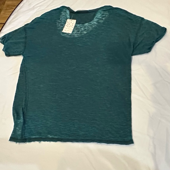 Free People Teal Green Scoop Neck Raw Edge Burnout Top Pocket Tee Shirt New - Picture 4 of 9
